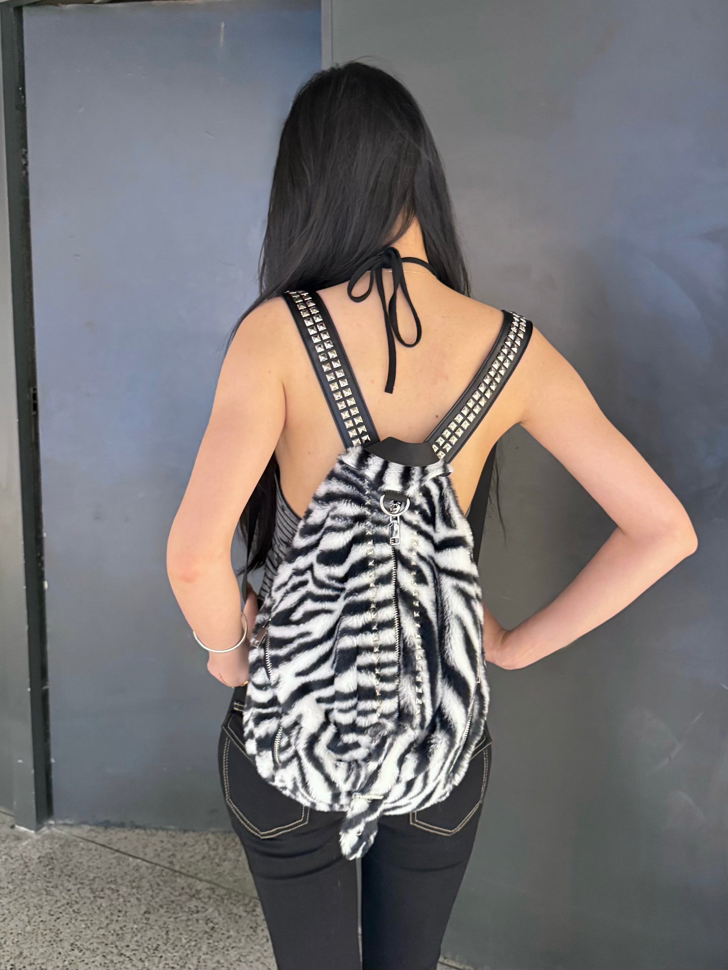 Rivet Fleece Zebra-Print Small Backpack