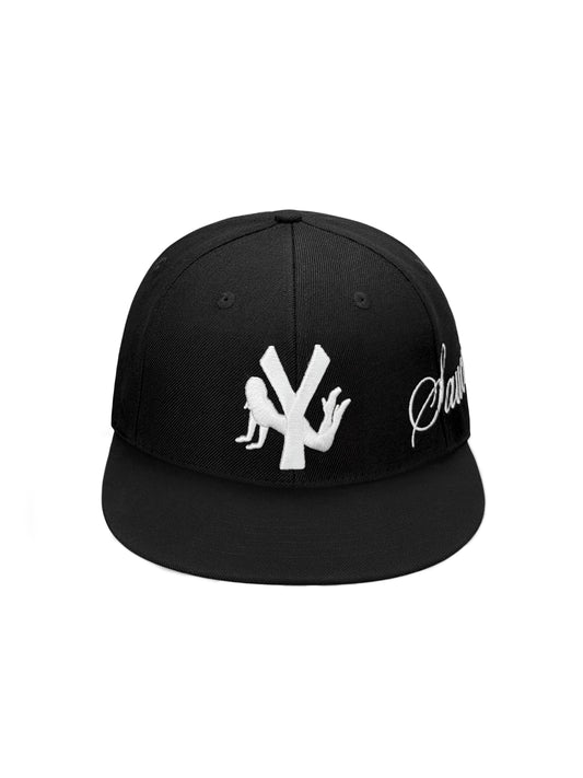 Black embroidered flat brim hat