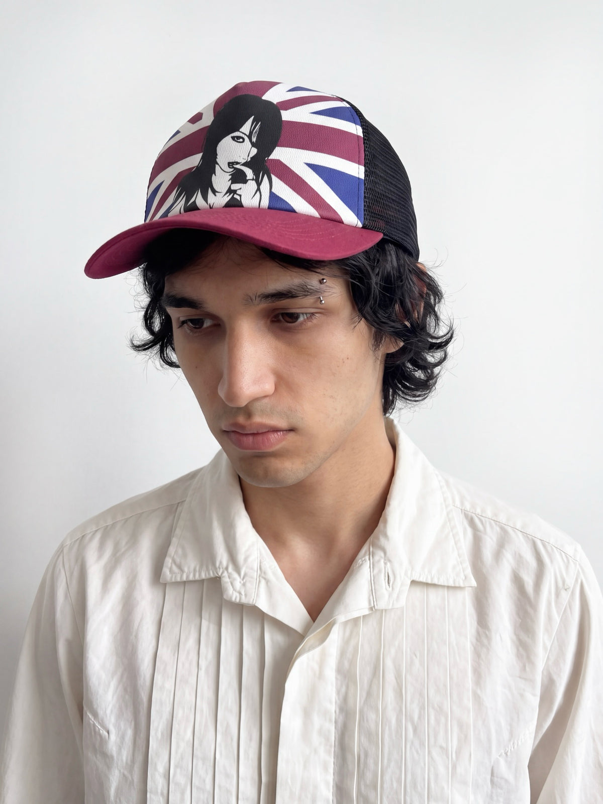 Red and white rice pattern grid baseball cap