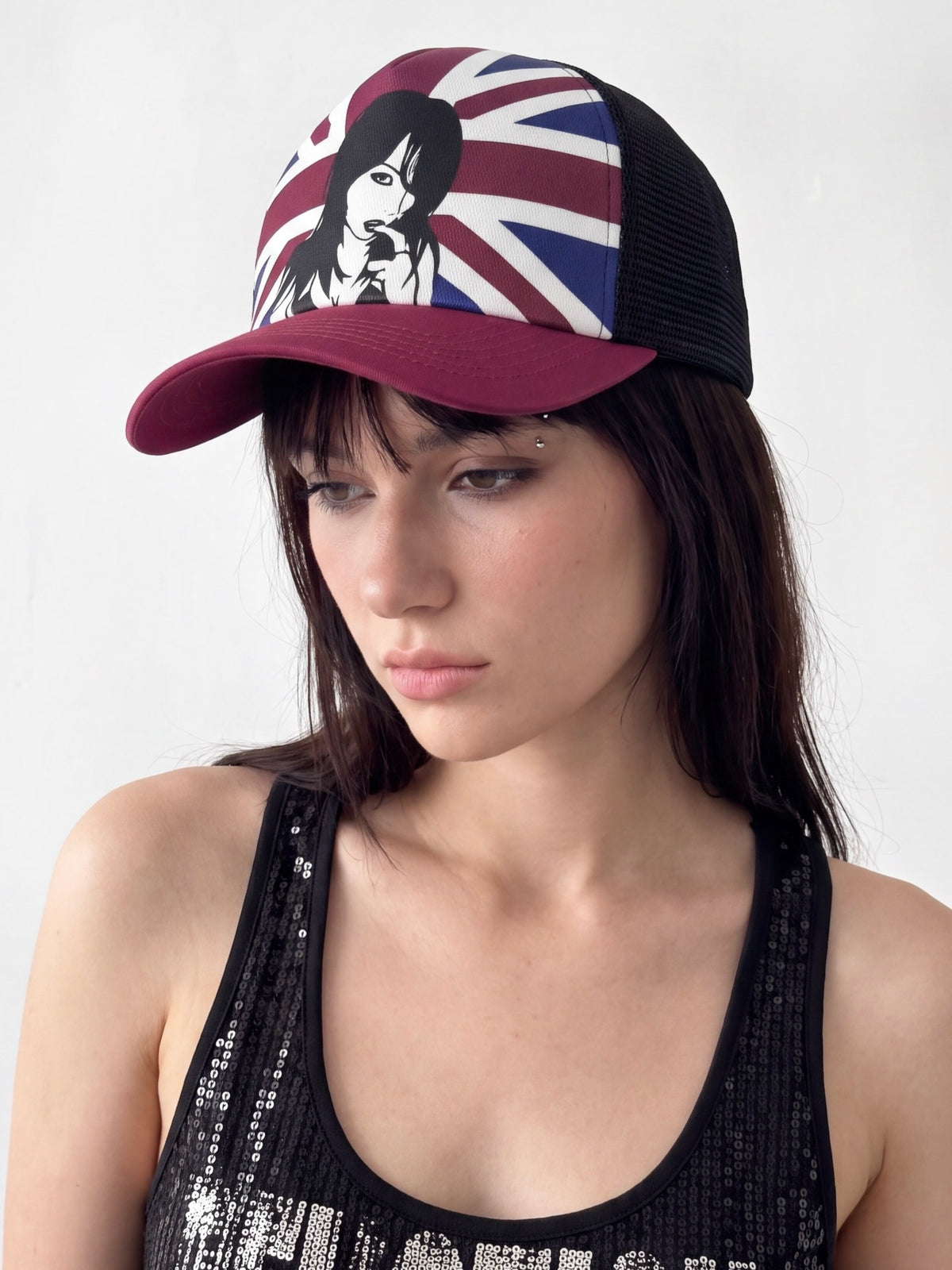 Red and white rice pattern grid baseball cap