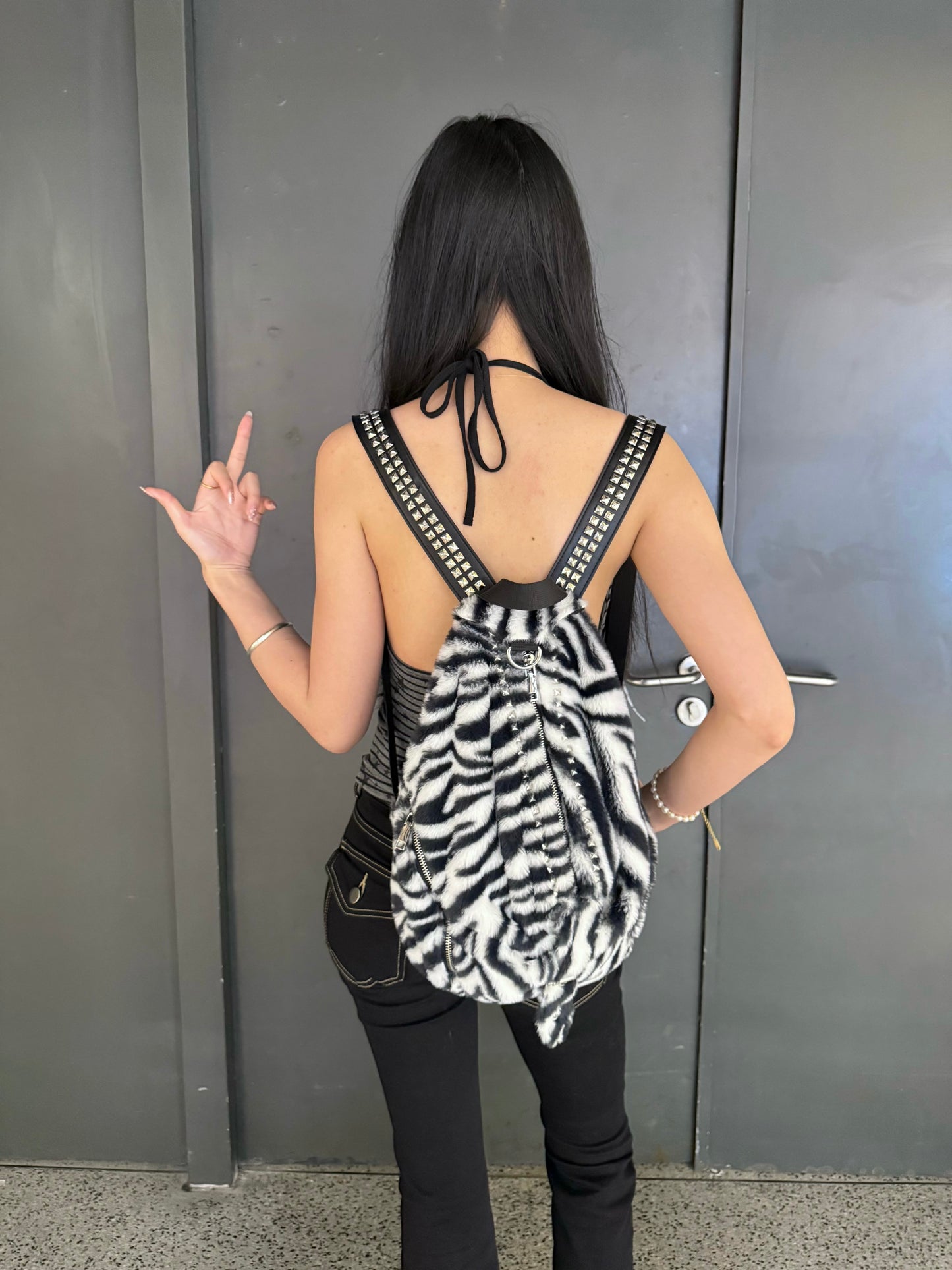 Rivet Fleece Zebra-Print Small Backpack